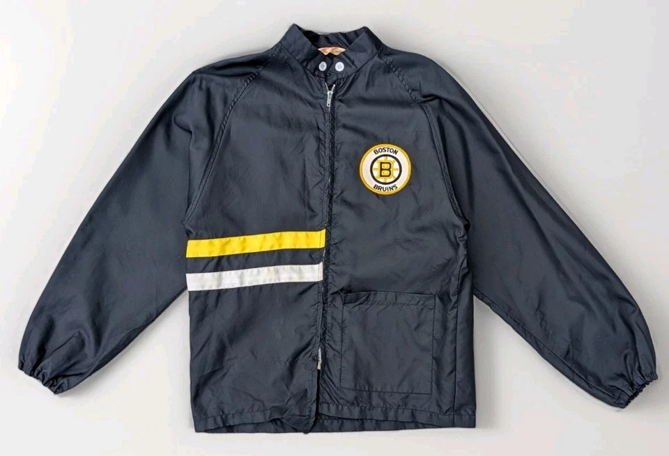 Vintage 70s Mens Rawlings Nylon Stripe Jacket Boston Bruins NHL Patch USA M - Image 1 of 4