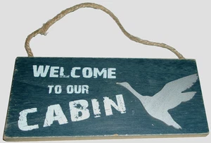 RUSTIC ~ Hanging sign ~ WELCOME TO OUR CABIN~ 6.25" X 3" ~ Rope Hanger - Picture 1 of 1