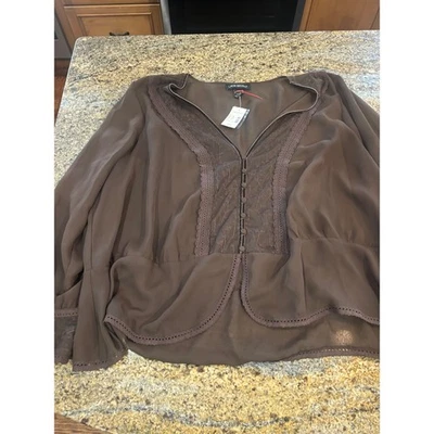 NWT Lane Bryant Plus Size 26/28 Brown Sheer Button Front Blouse Top Lace Trim - Image 1 of 4