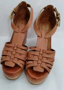 ChloeChloe Tan Leather Double C Buckle T Strap Cork Wedge Platform Sandals... - Picture 1 of 1