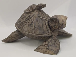 Vintage Carved Wooden Turtle Tortoise with Baby Trinket Box Removable Shell Lid - Picture 1 of 11