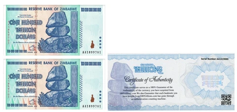ZIM Zimbabwe 100 Trillion Banknote 2 pcs Note AA/2008, P-91, Uncirculated COA :) Cover