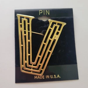 Vintage Signed Torino Letter V Pin Brooch Bold Openwork Highly Polished  - Picture 1 of 4