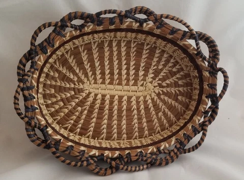 Pine Needle Oval Bread Basket Tan & Brown With Dark Blue Accent Trim - Guatemala Cover