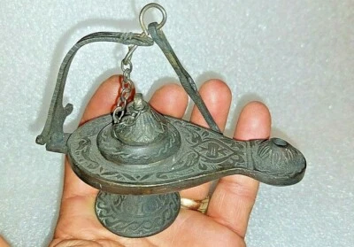 OLD  BRONZE OIL LAMP ISLAMIC MIDDLE EASTERN  HANGING CELING TURKISH ? - Image 1 of 4