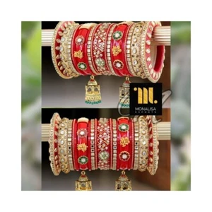 Chura Bangle set red rajwadi Bridal karwachauth wedding kundan jewelry Indian - Picture 1 of 8