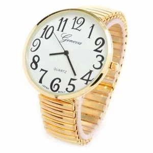 Gold Super Large Size Round Face Stretch Band Easy to Read Geneva Women's Watch - Picture 1 of 9