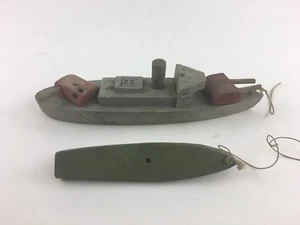 Vintage Wooden String Toy Battleship & Boat Folk Art Green Gray Gun  - Picture 1 of 9