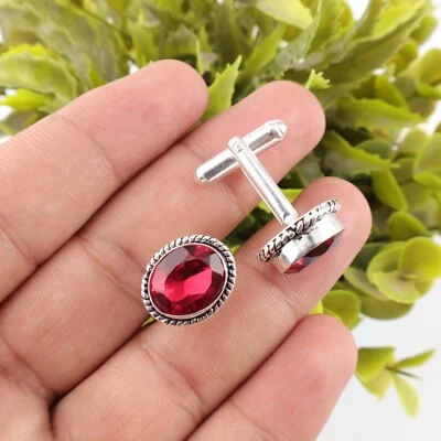 Pink Rubellite Gemstone 925 Sterling Silver Handmade jewelry Cufflinks Gift For - Image 1 of 3