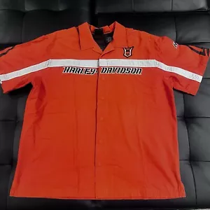 VTG Harley Davidson Mens Shop Shirt XL Orange Black Mechanic Motorcycle Spellout - Picture 1 of 13
