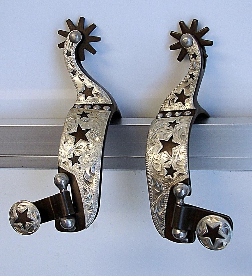 Tough-1 Antique Brown Steel Show western Spurs Silver Star Engrave Kid Youth 2.5 - Image 1 of 1