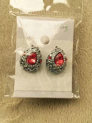 New White Gold Filled Fuchsia Pink CZ Teardrop Artisan Style Stud Post Earrings - Image 1 of 3