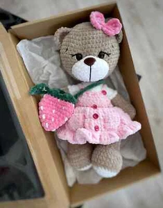 Handmade Plush Teddy Bear – Pink Strawberry Dress, Soft Crochet Toy, Baby Shower - Picture 1 of 5