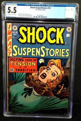 SHOCK SUSPENSTORIES #15 CGC 5.5 - JACK KAMEN COVER - 1954 EC COMICS HORROR - Image 1 of 2