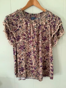Democracy Short Sleeve Shirt Women's LARGE Boho Floral Rustic Artsy Embroidery - Picture 1 of 7