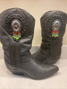 Stivali donna vintage Zodiac in pelle nera 10 M frange perline concho - Foto 1 di 15