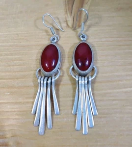 Vtg Sterling Silver 950 Signed Red Jasper? Stone Dangle Earrings 3" - Bild 1 von 7