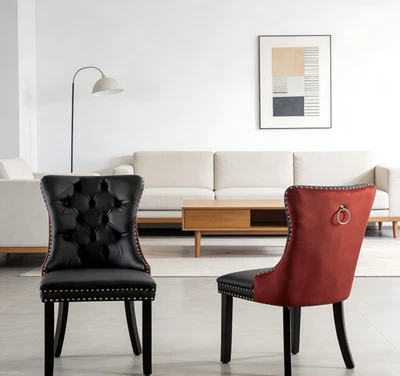 Juego de 2 sillas laterales de comedor de cocina de terciopelo de PU + patas de madera negras + rojas vino Foto 1 de 4