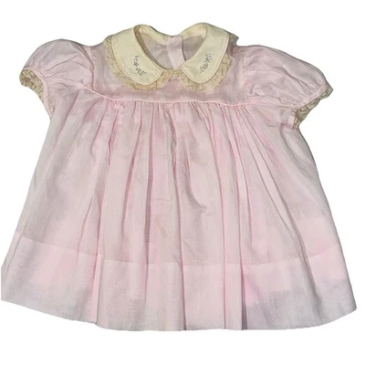Vintage Baby Pink Lace Embroidered Baby Girl Dress Peter Pan Collar Puff Sleeves - Image 1 of 4