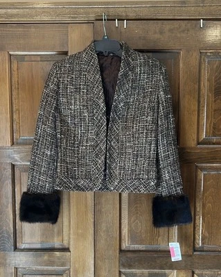 NUEVO Adrienne Vittadini Platino Mujer Chaqueta Talla 4 Tweed Blazer Lana Piel Puños Foto 1 de 4