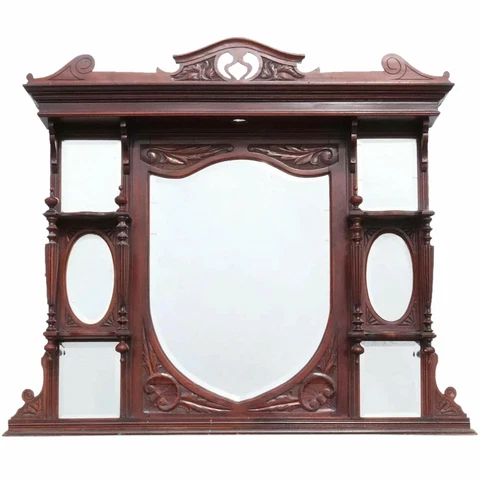 1880s Antique English Victorian Rosewood Fireplace Overmantel Mirror Shelf Cover