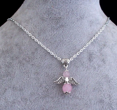 Madagascar Rose Quartz Guardian Angel Pendant, Chain Necklace. Handmade - Image 1 of 4