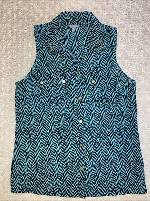 西部无袖纽扣衬衫金色镶嵌浅绿色黑色雪佛龙女式 XS — 第 1/4 张图片