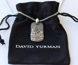 David Yurman Sterling Silver 2.7mm Box Chain Necklace w/ Waves Dog Tag Pendant