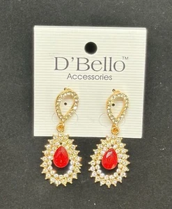 D’Bello Gold and Red Rhinestone Post Dangle Earrings - NEW WITH TAGS - Picture 1 of 2