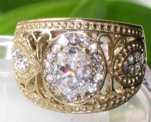 Gold dome ring oval ladies cz steel 18kt cubic zirconia cocktail 3ct new 868 - Picture 1 of 5