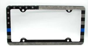 AMERICAN TACTICAL FLAG THIN BLUE LINE POLICE METAL CAR LICENSE PLATE FRAME - Picture 1 of 12