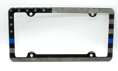 AMERICAN TACTICAL FLAG THIN BLUE LINE POLICE METAL CAR LICENSE PLATE FRAME - Image 1 of 4