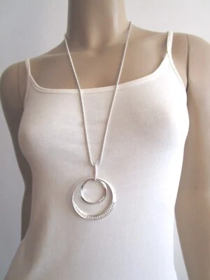 Damen Hals Kette lang Modekette Silber Anhänger Strass Statement Lagenlook ba1b8 - Bild 1 von 4
