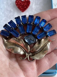 vintage brooch Flower Blue Rhinestone 1930s-40s Sterling Silver Very Rare 🥰 - Picture 1 of 12