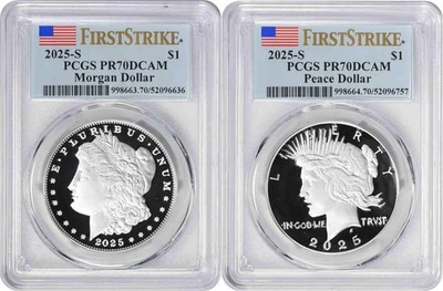 2025-S Morgan and Peace Silver Dollar 2-Coin Set PR70DCAM First Strike PCGS - Image 1 of 2