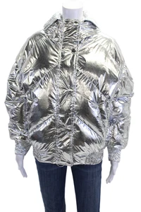 Ienki Ienki Womens Metallic High Neck Hooded Cropped Puffer Jacket Silver Size S - Picture 1 of 6