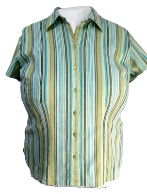 Top Venezia para mujer Plus 18-20 manga corta algodón spandex botones rayas verdes Foto 1 de 4