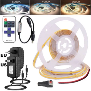 1m~10m COB Led Strip Flexible Tape Lights RF Remote Dimmable US EU Plug 12V 24V - Picture 1 of 15