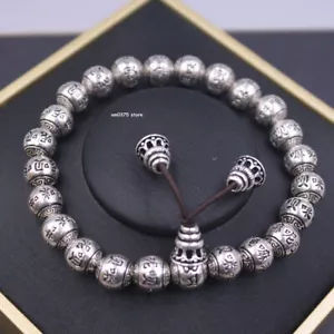 Real 999 Pure Silver Bracelet For Women Men 8mm Lucky Buddha Beaded Link 7inchL - Picture 1 of 5
