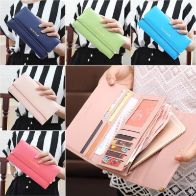 女士的皮革钱包三折卡夹保护壳手机手拿包长手提包 — 第 1/4 张图片