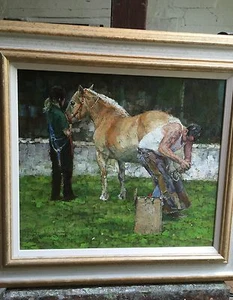 SUPERB ORIGINAL DENNIS SYRETT "The Farrier" Equestrian Horse Shire OIL PAINTING - Picture 1 of 2