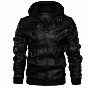 Men's Biker Genuine Real Leather Jacket Black Bomber Winter Hooded Jacket Coat - Picture 1 of 3