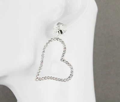 Silver Clip On earrings clear crystal heart pendant clips earrings lightweight - Image 1 of 4