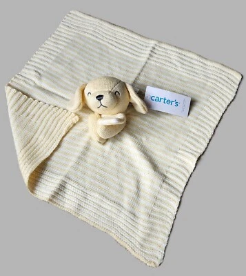 Carters Lovey Security Blanket Plush Puppy Dog Yellow White Stripe Knit - Image 1 of 2