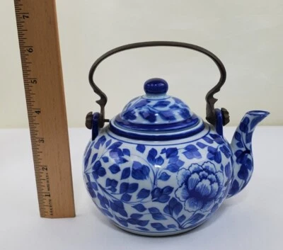 Cobalt Blue & White Porcelain Teapot Brass Handle Flower - Image 1 of 4
