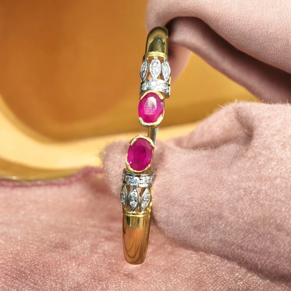 Elegant 2.70 Cts Round Brilliant Cut Diamonds Ruby Cuff Bracelet 14K Yellow Gold - Image 1 of 4