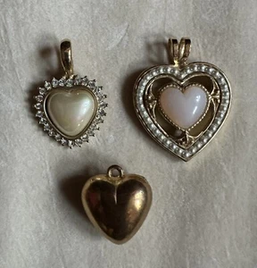 SET OF 3 VINTAGE HEART PENDANTS, ASSORTED STYLES IN GOLDTONE SETTINGS - Picture 1 of 5