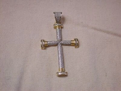 Sterling Due Toni 2 X 2,5 Grande Pave CZ Rotondo E Baguette Drammatico Croce - Immagine 1 di 4