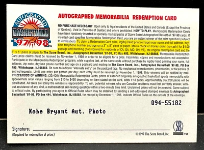 Kobe Bryant 1997-98 The Score Board Inc. Auto Photo Expired Redemption HTF HOF - Image 1 of 2