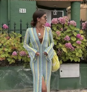 Colorful Crochet Stripe Maxi Dress, Beach Cover Up Summer Dress -Size L UK 12-14 - Picture 1 of 7